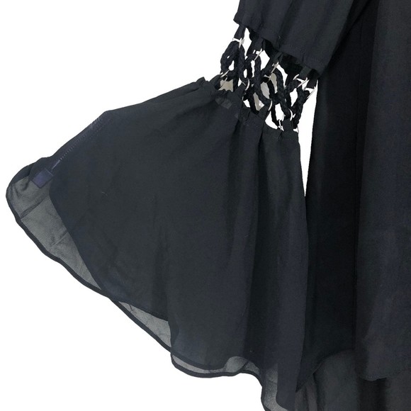 Double Zero Sheer Black Fancy Bell Sleeve Top with Hi/Lo Hem sz M Sexy Tunic - Picture 4 of 8
